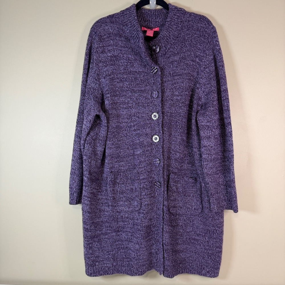WOMAN WITHIN Purple Marled Knit Long Button Cardigan Warm Cozy‎ Winter Colorful